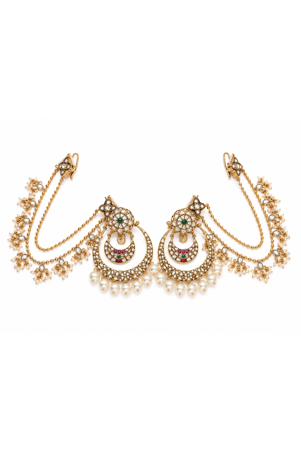 Kundan Pearl Chandbali Earrings with Ear Chains