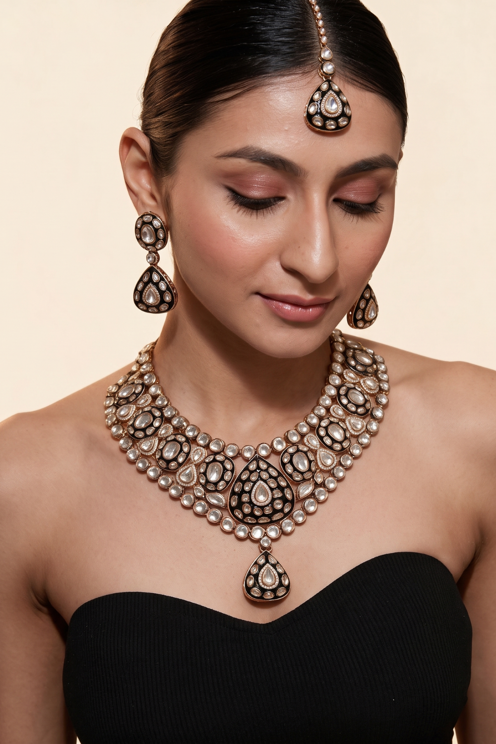 Gold Plated Kundan Polki Necklace Set with Maang Tikka and Earrings