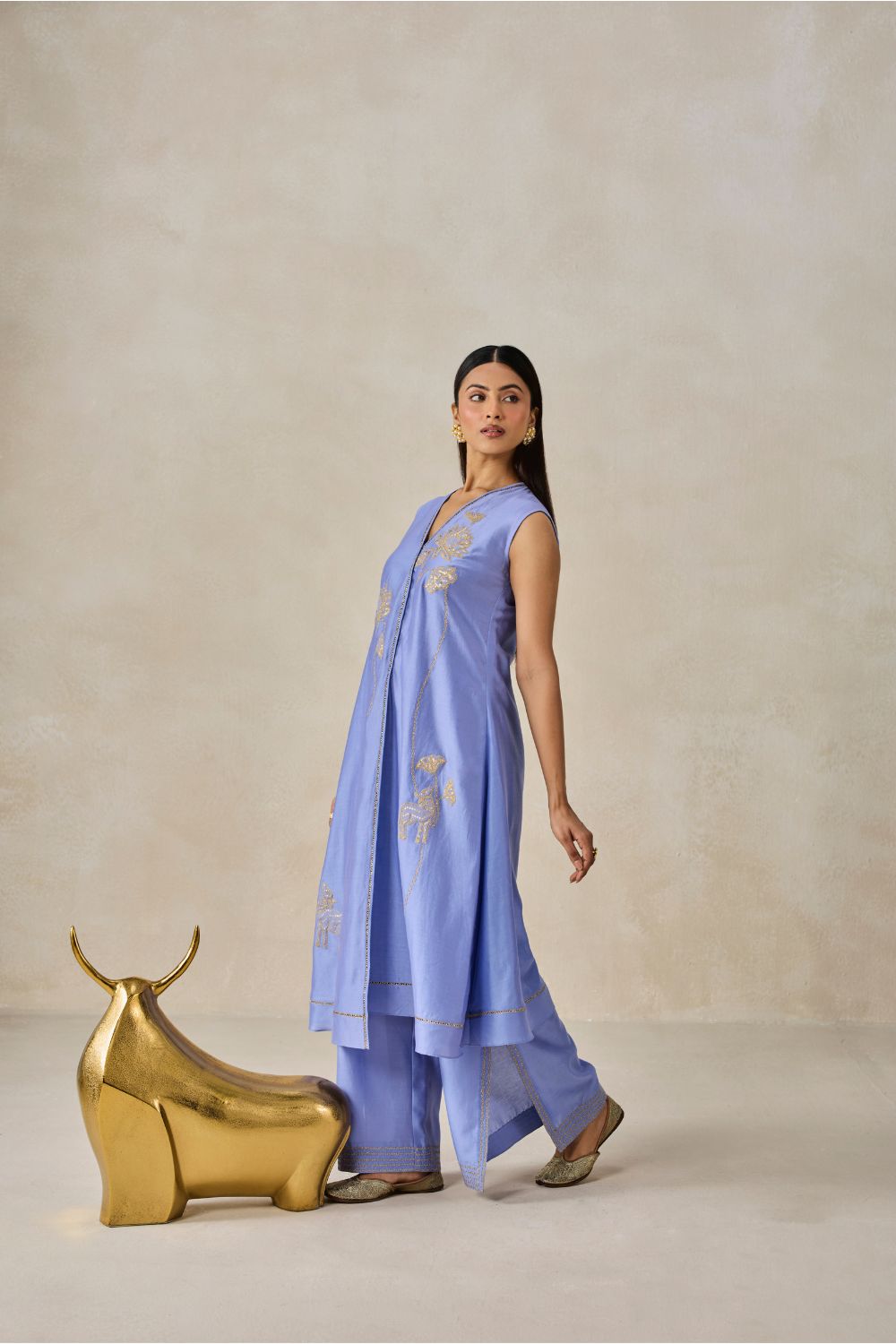 Chanderi Applique work Kurta With Pant Set