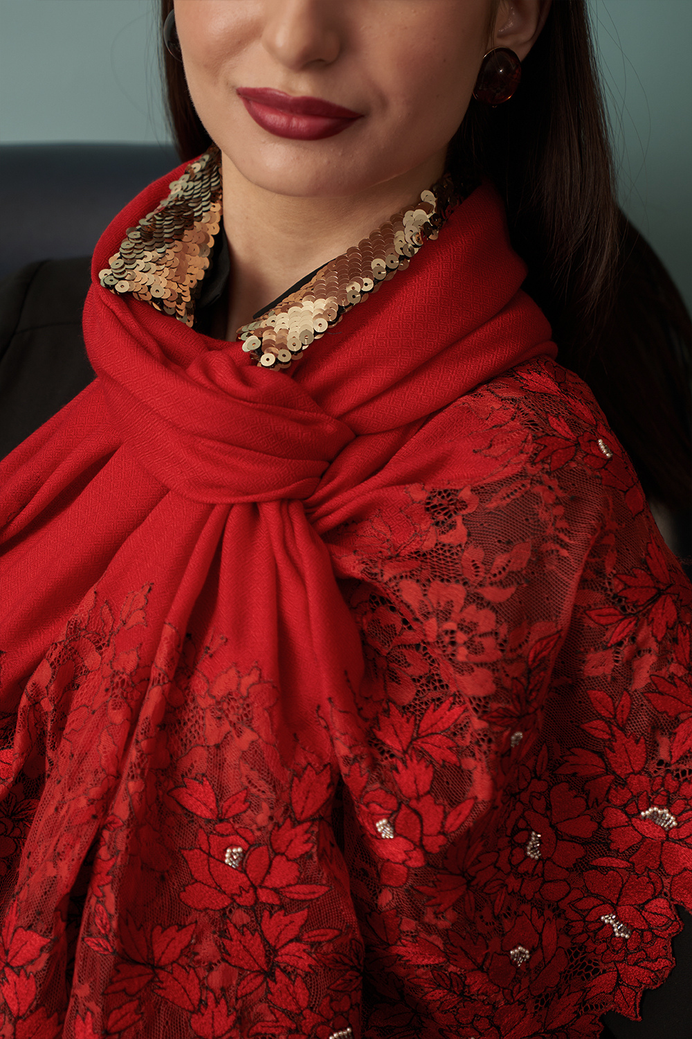 A Rose Filigree | Embroidered Wool Silk Stole – Red