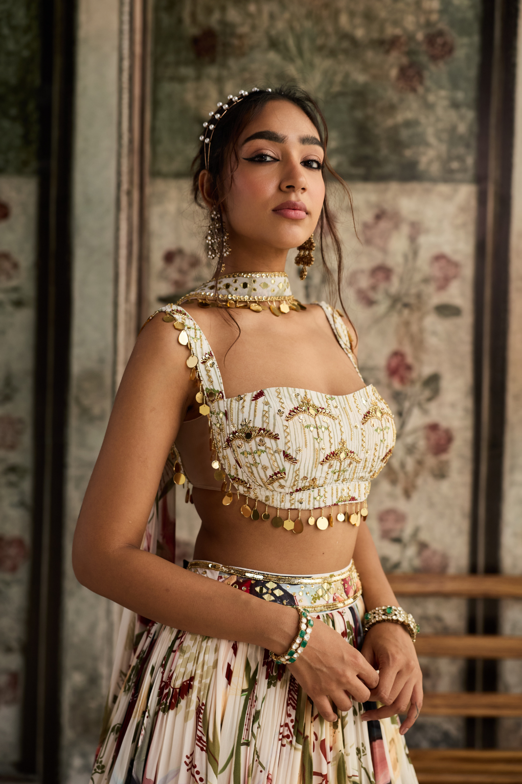 IVORY FLORAL PRINT AND HIGHLIGHTED LEHENGA SET