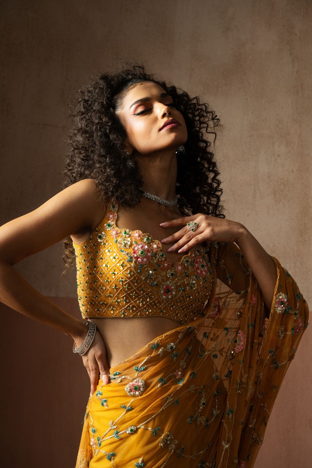 Predraped , mustard yellow , hand embroidered net & georgette saree