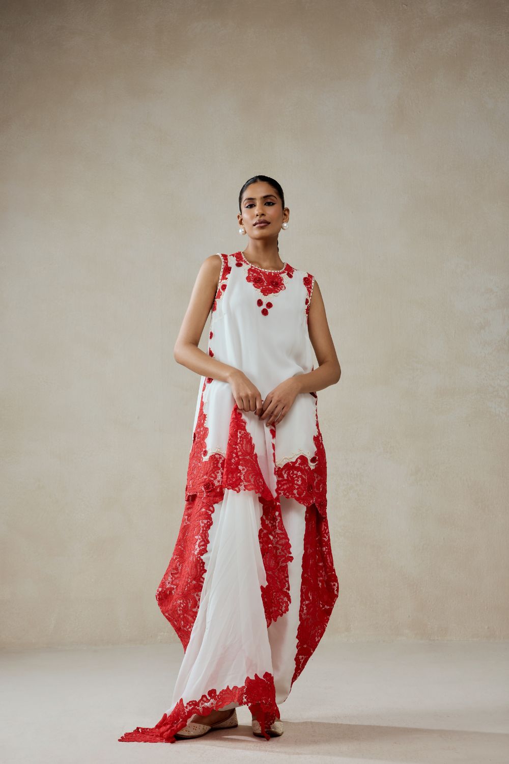 White Georgette With Red  Lace Applique Suit Set