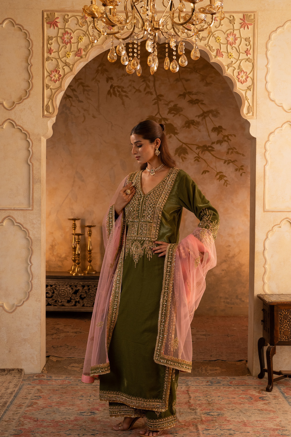 Olive Green Velvet Suit Set