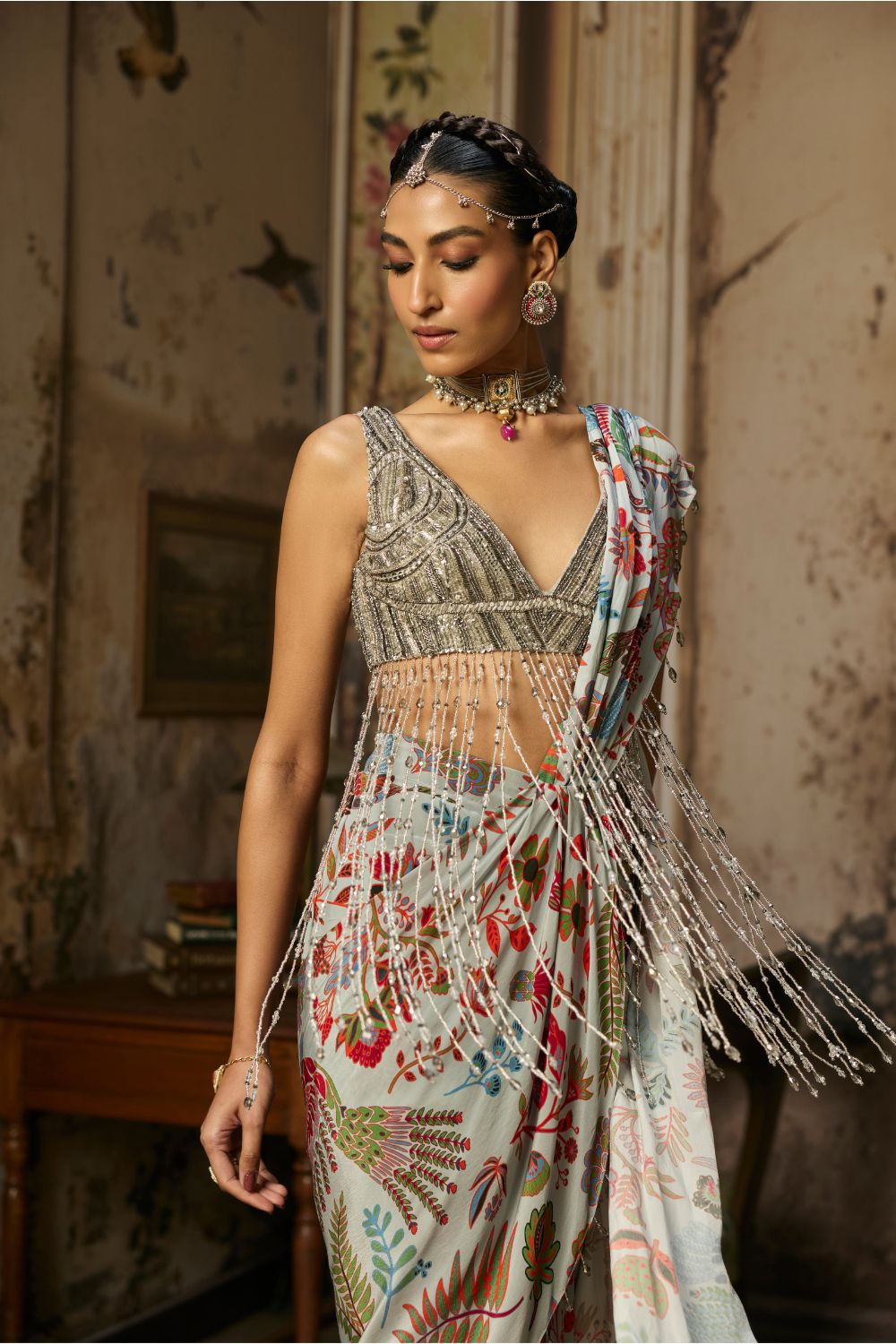 SLATE GREY EMBROIDERED BLOUSE AND PRINTED LEHENGA SET