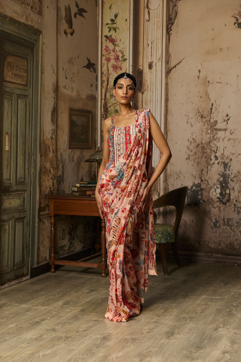 BLUSH PINK PRINTED AND HIGHLIGHTED CLASSIC SAREE SET