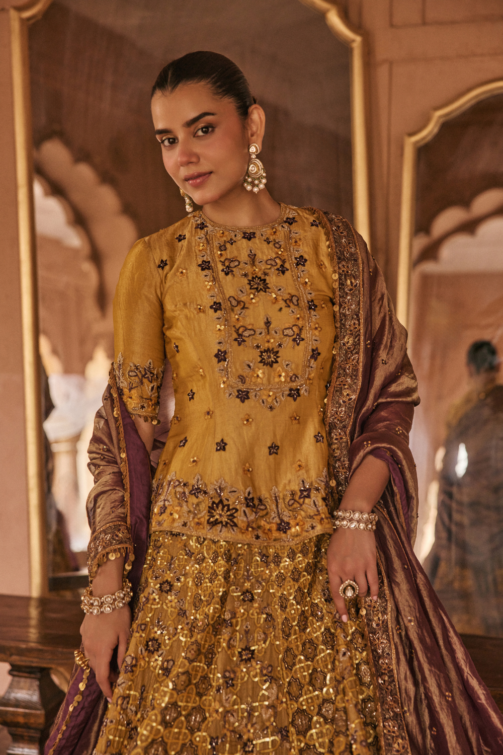 Yellow, Purple, hand embroidery, Dori, Tissue, Lehenga Set