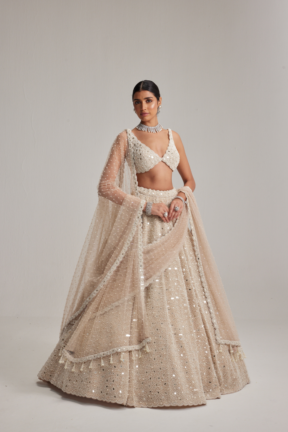 Light Beige Dense mirror and pearl lehenga set With Double Dupatta