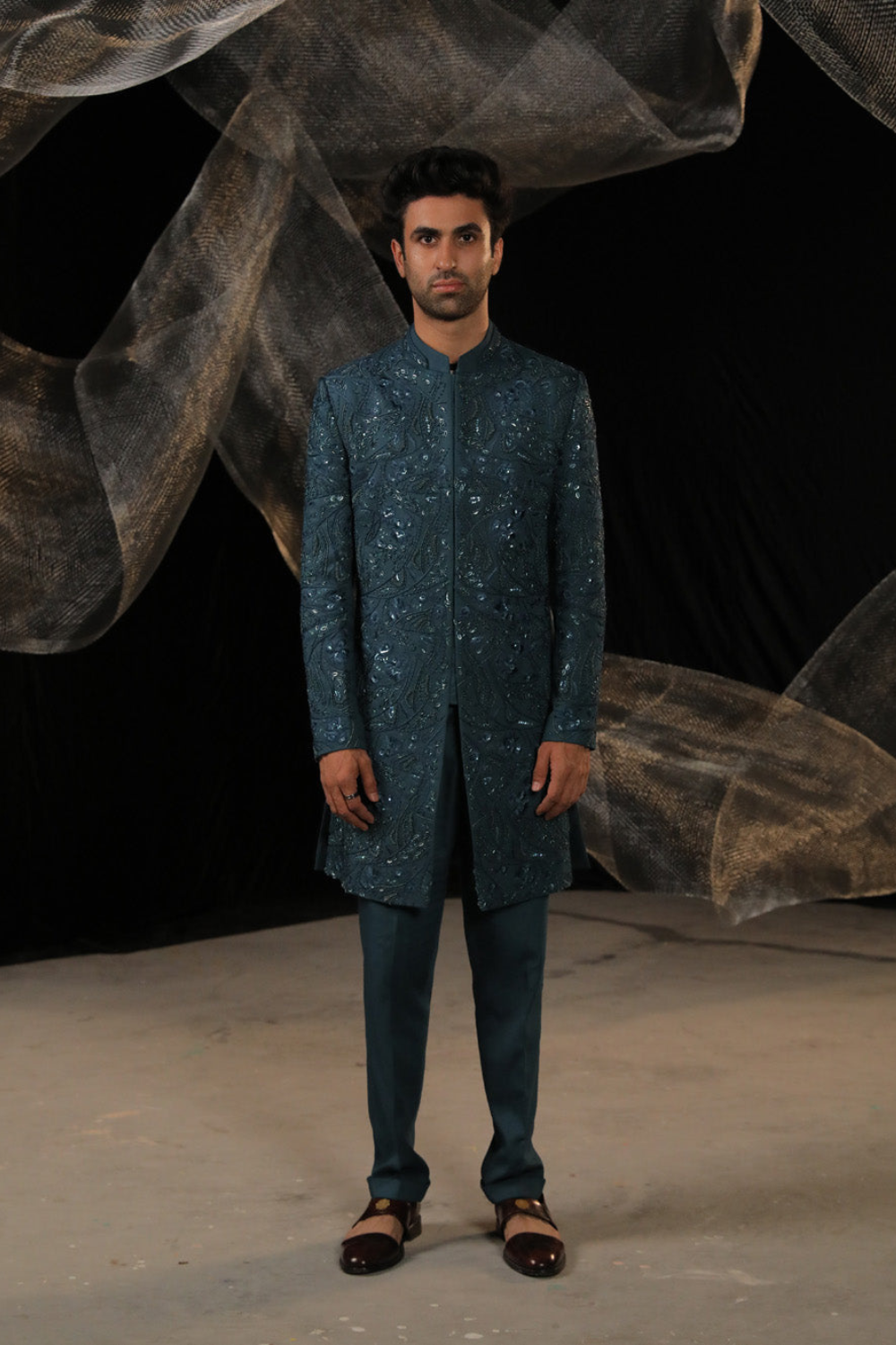 Azure Teal Indowestern With Ai Designed Bead And Resam Work