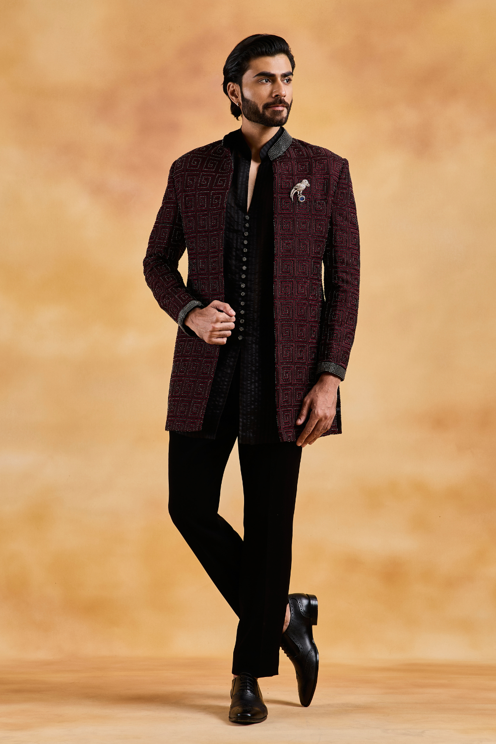Black Velvet Open Jacket with Bundi and Trouser
