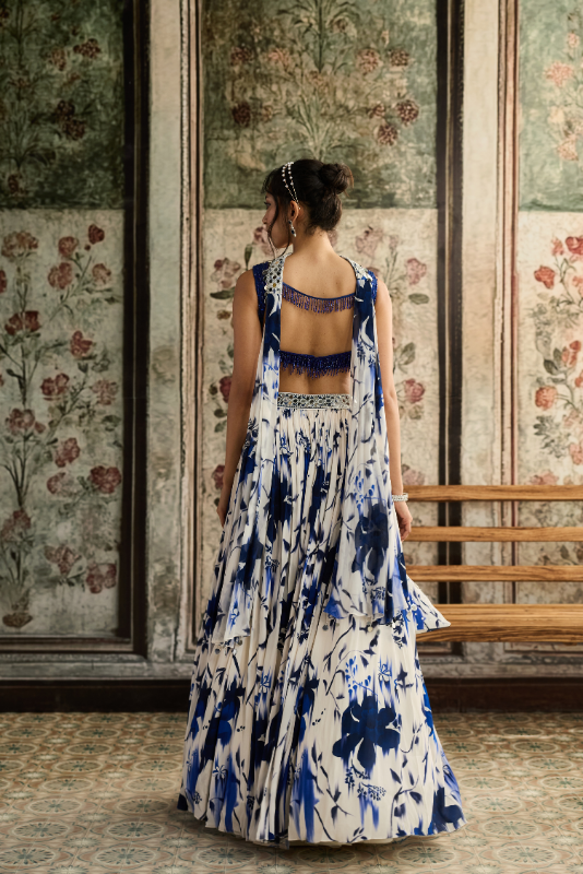 IVORY & BLUE FLORAL PRINTED LEHENGA SET