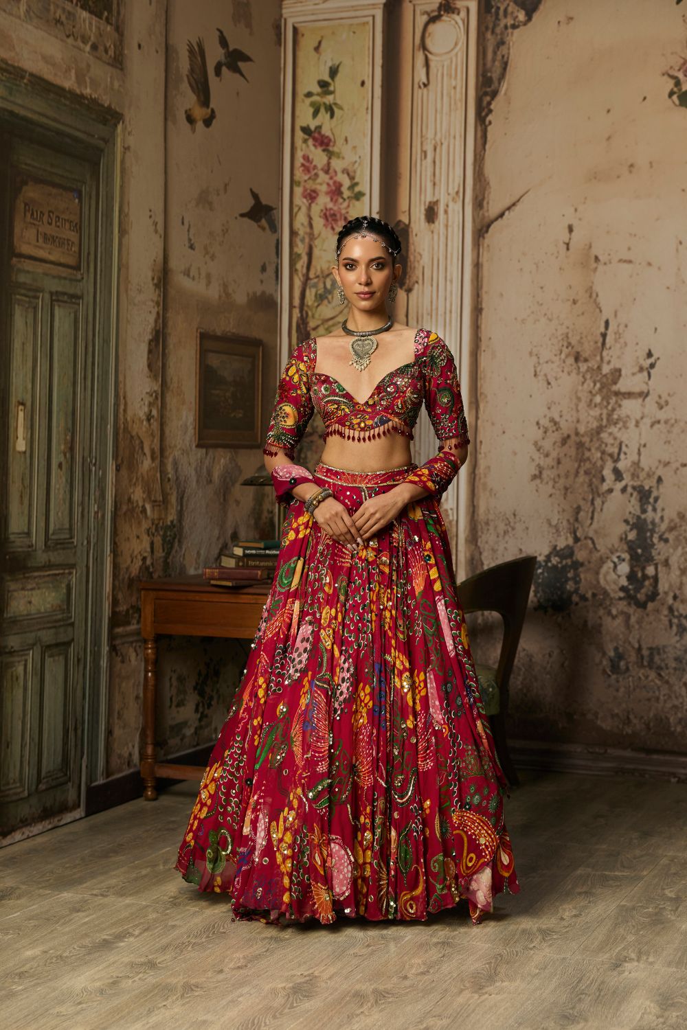 DEEP RED PRINTED AND HIGHLIGHTED LEHENGA SET