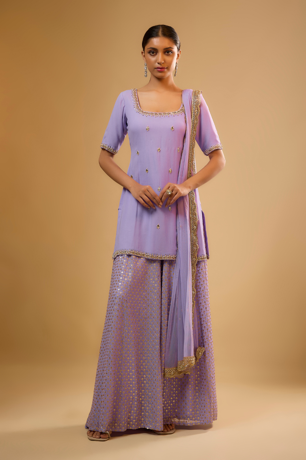 Lavender georgette kurta sharara set with gold mirrors and sequins embroidery