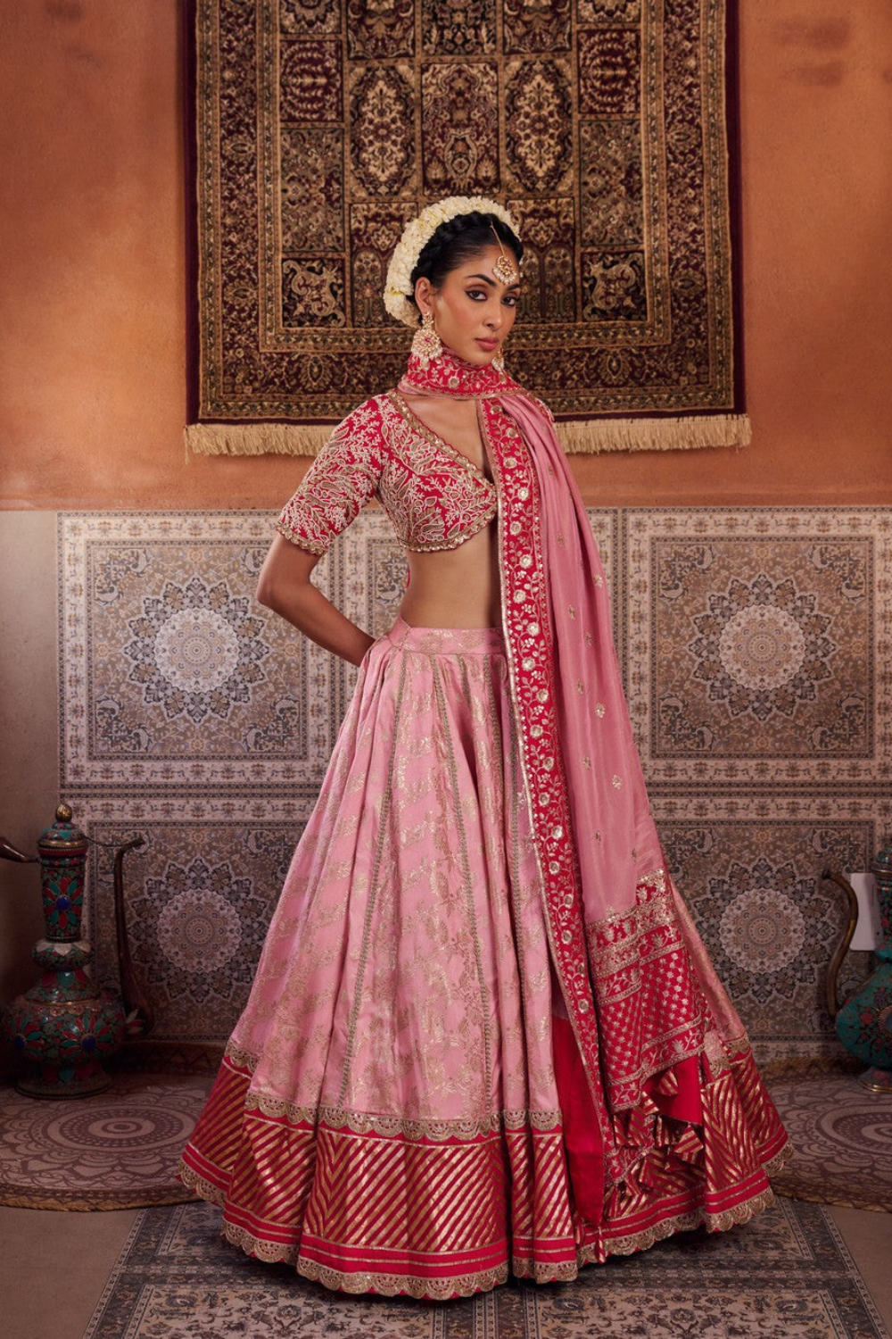Blush pink and Fuchsia upada silk blouse, banarsi silk lehenga and dupatta