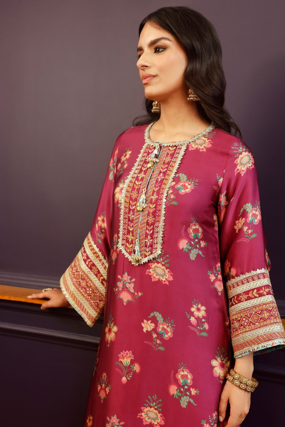 Ovia Cupro Satin Printed Wine Kurta & Pant Set