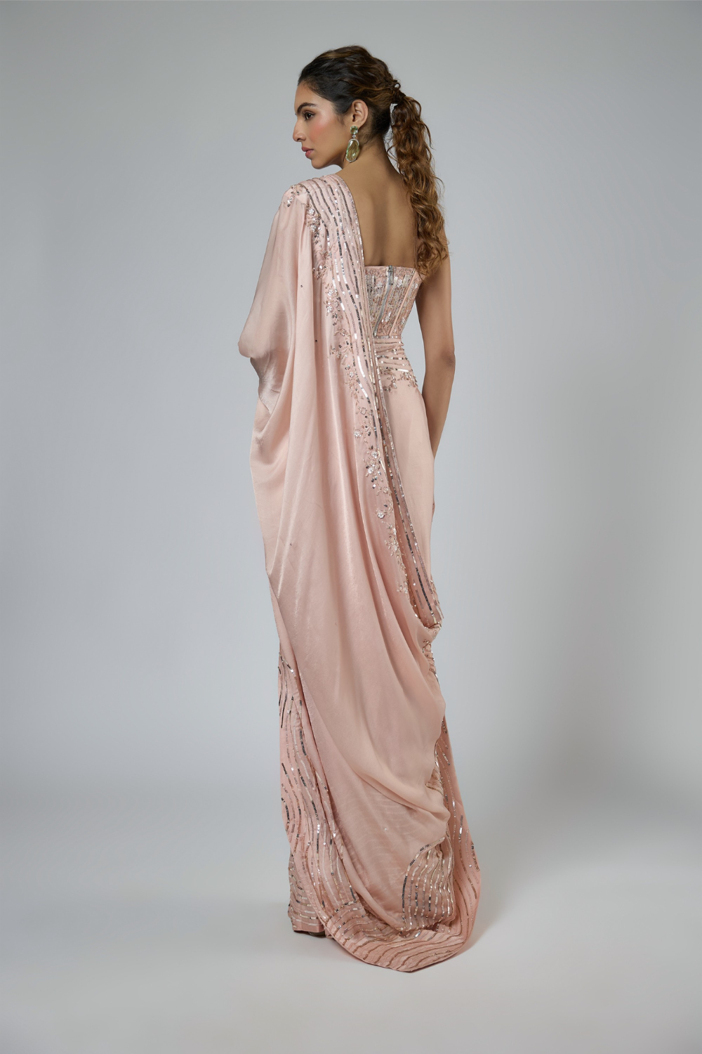 DARK PEACH INTRICATE EMBROIDERED SAREE SET