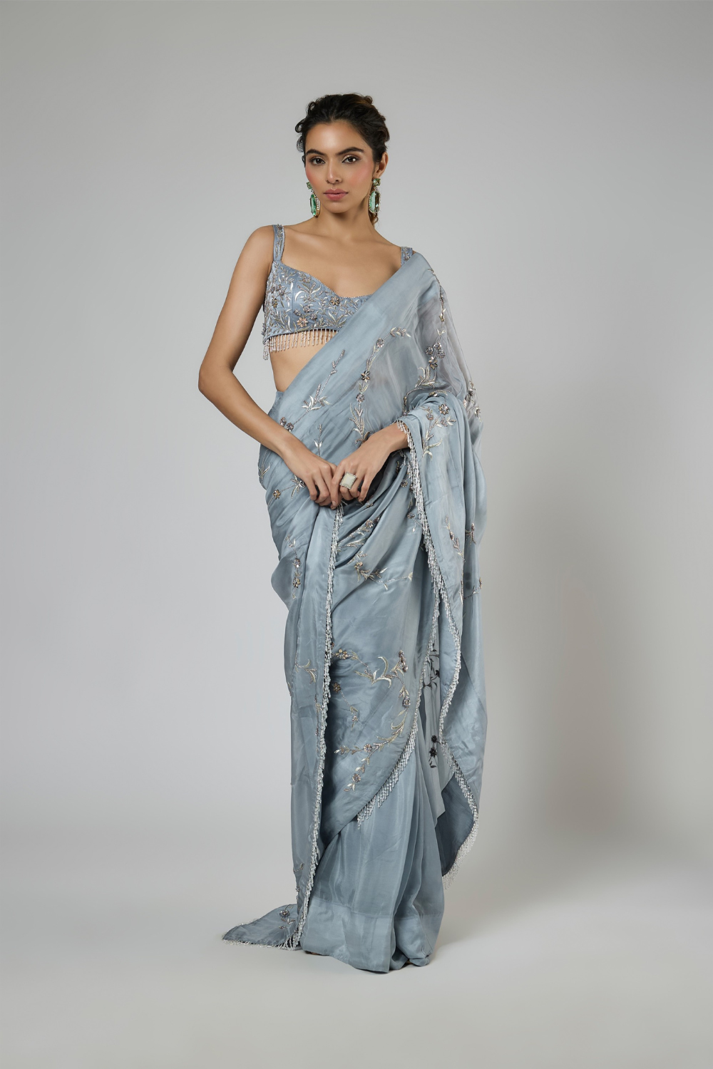 PERIWINKLE INTRICATE FLORAL EMBROIDERED SAREE SET