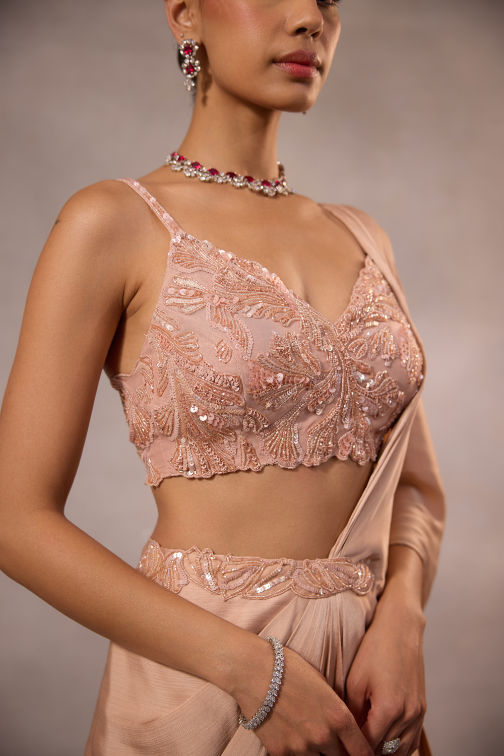 Champagne Pink  Draped Saree Set with Embellished Bustier Blouse
