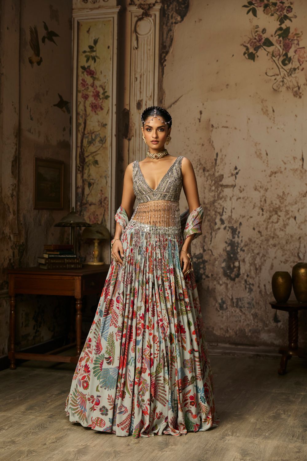SLATE GREY EMBROIDERED BLOUSE AND PRINTED LEHENGA SET