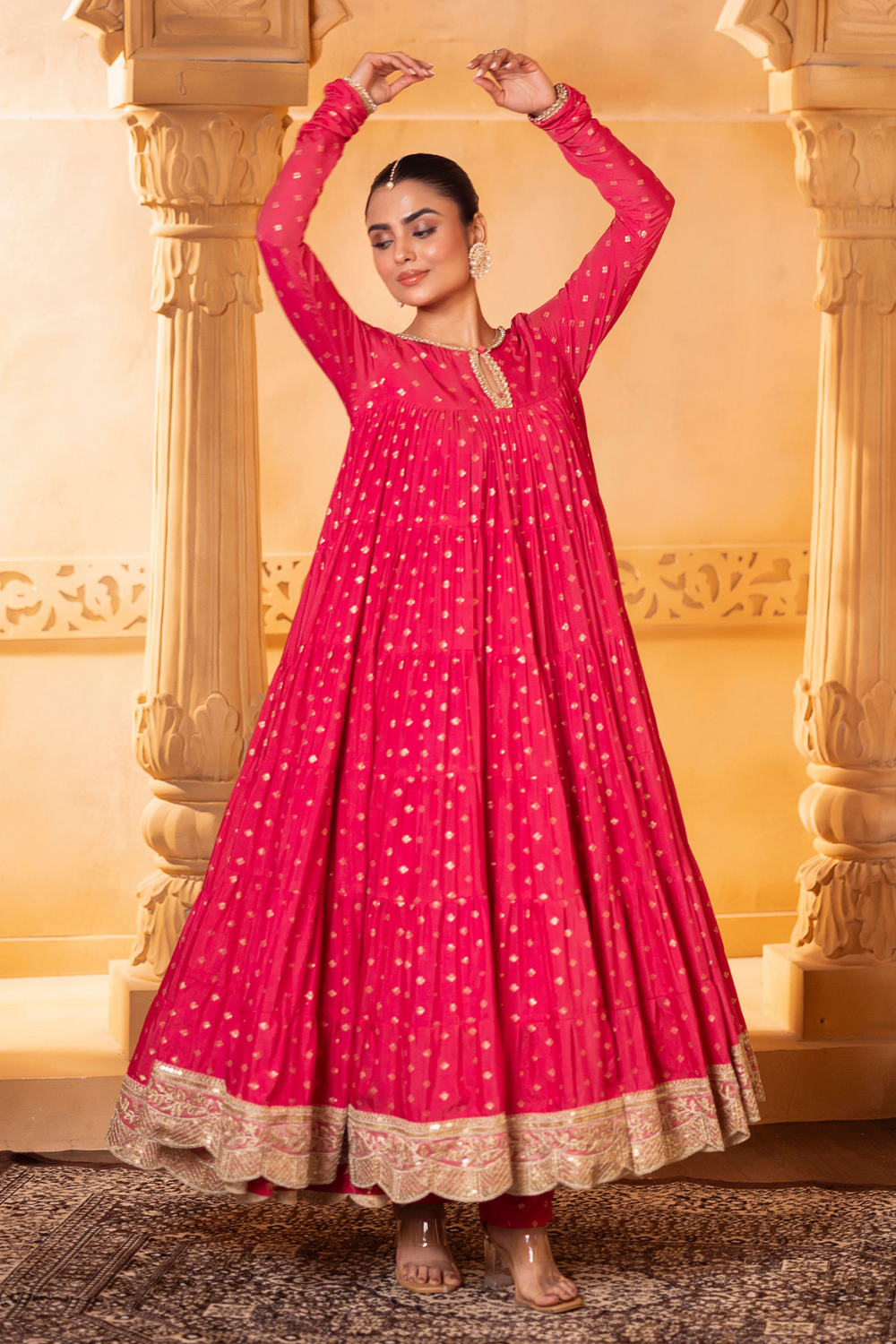 Pink Tiered Anarkali Set
