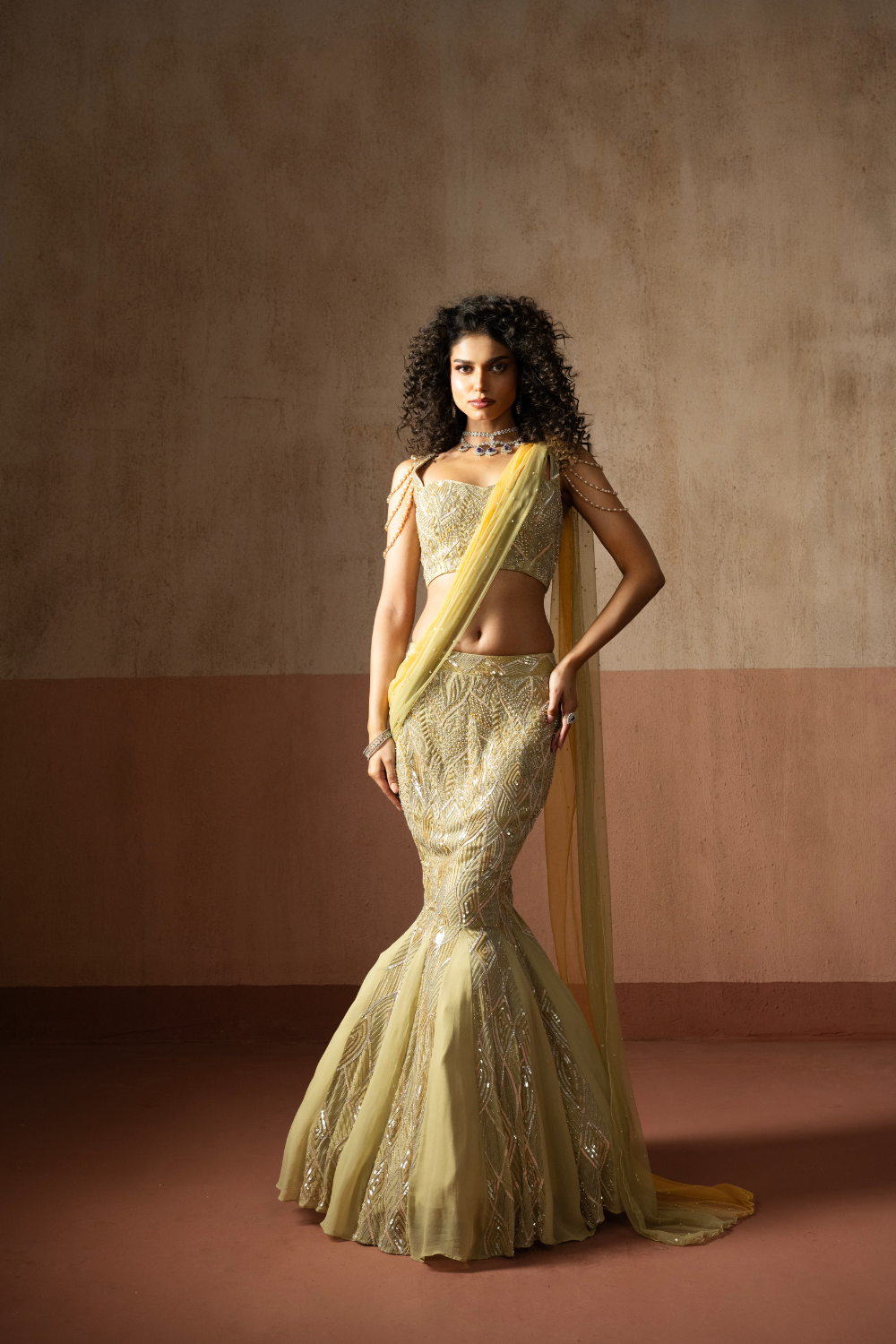 Fishtail style , sage green & pastel yellow hand embroidered , net &georgette fishtail saree, concept saree