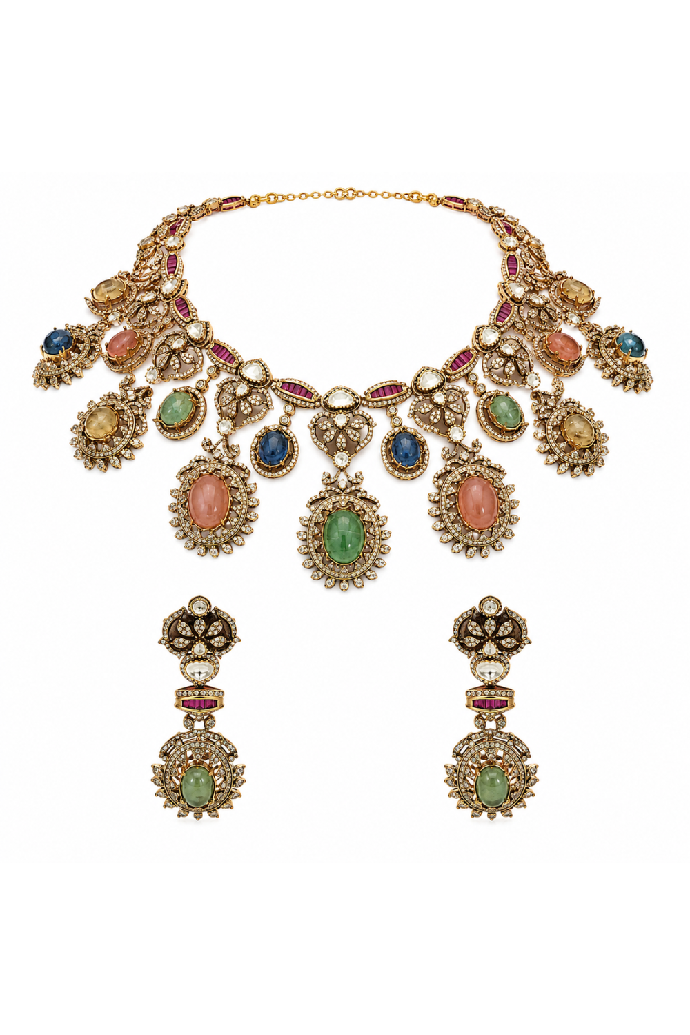 Multicolour Semi-Precious Stone Moissanite Necklace Set