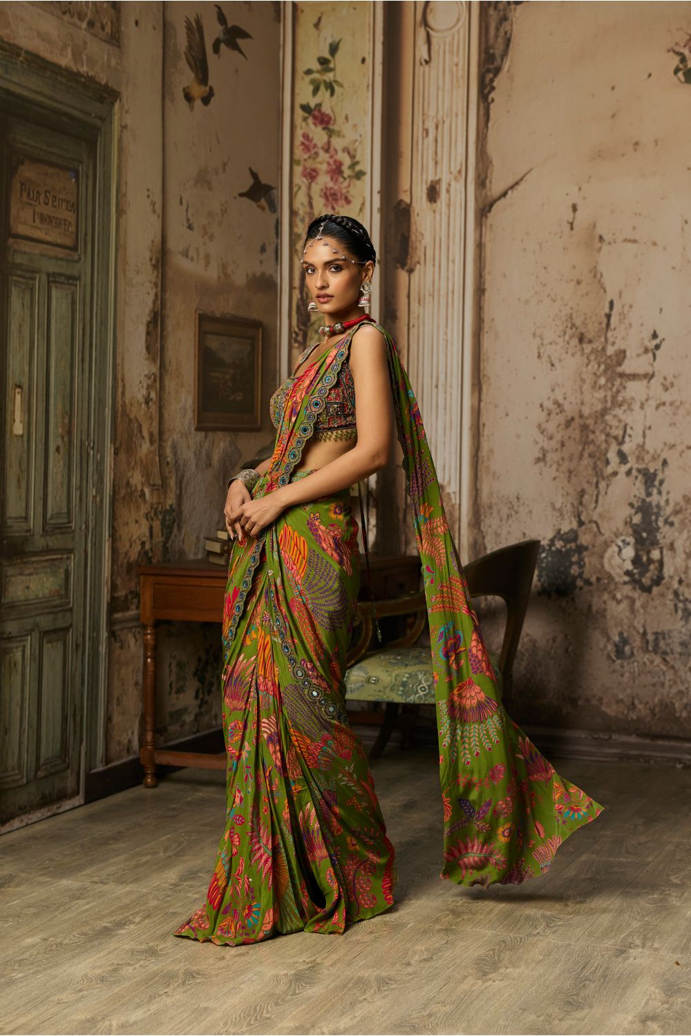 PEAR GREEN PRINTED AND HIGHLIGHTED DHOTI SKIRT SAREE SET