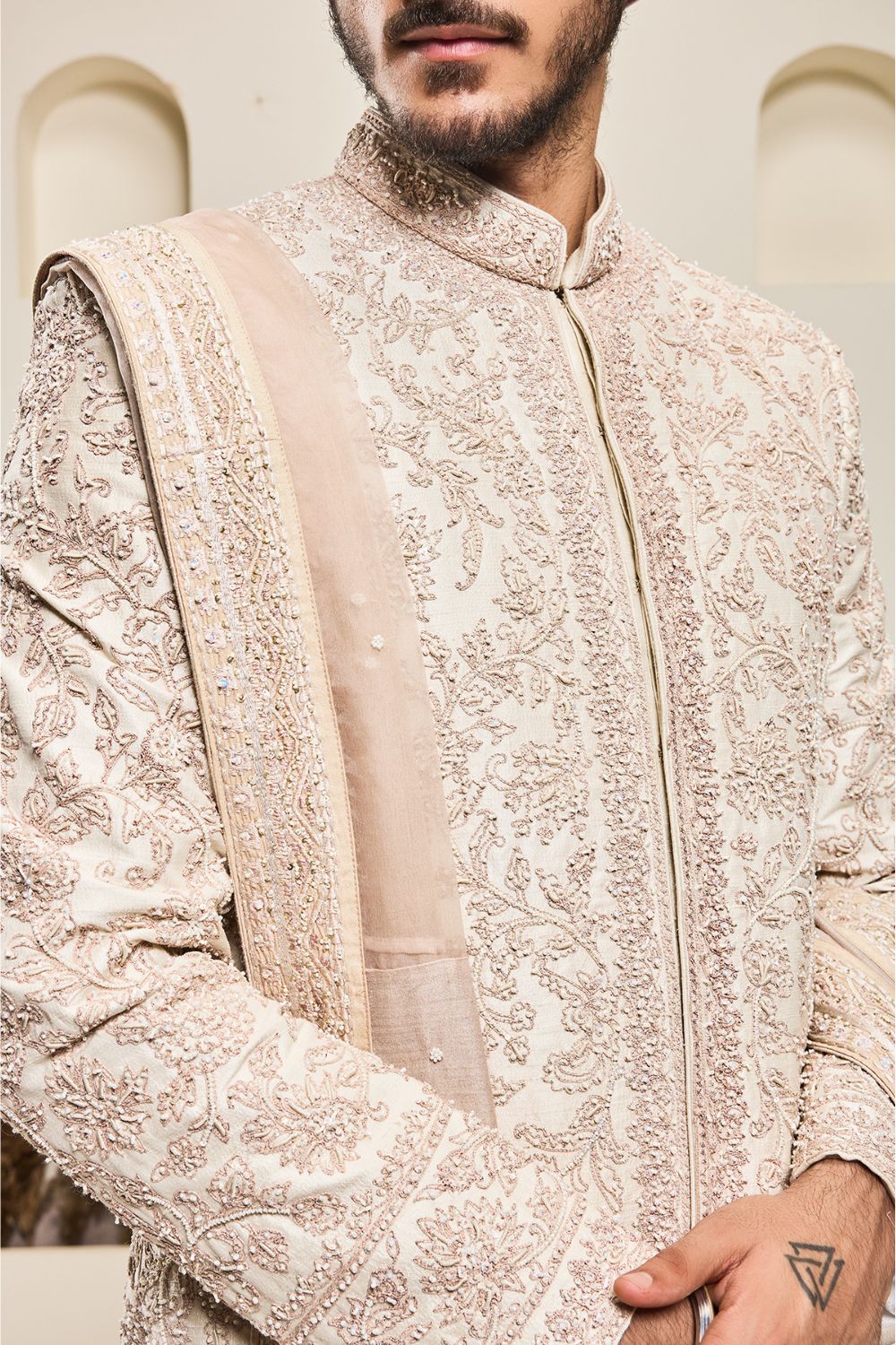 Dusty rose sherwani with pearl and sequins work