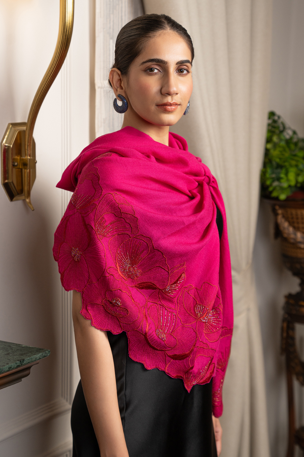 Poppy Affair | Embroidered Wool Silk Stole – Hot Pink