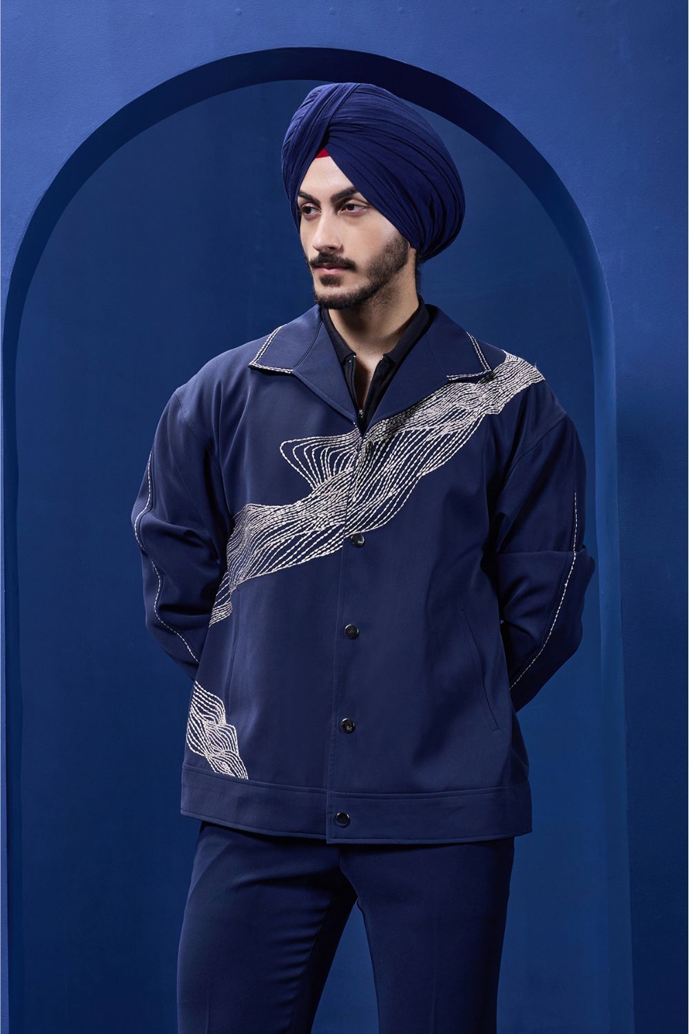 Navy Blue cord set detailing with thread embroidery
