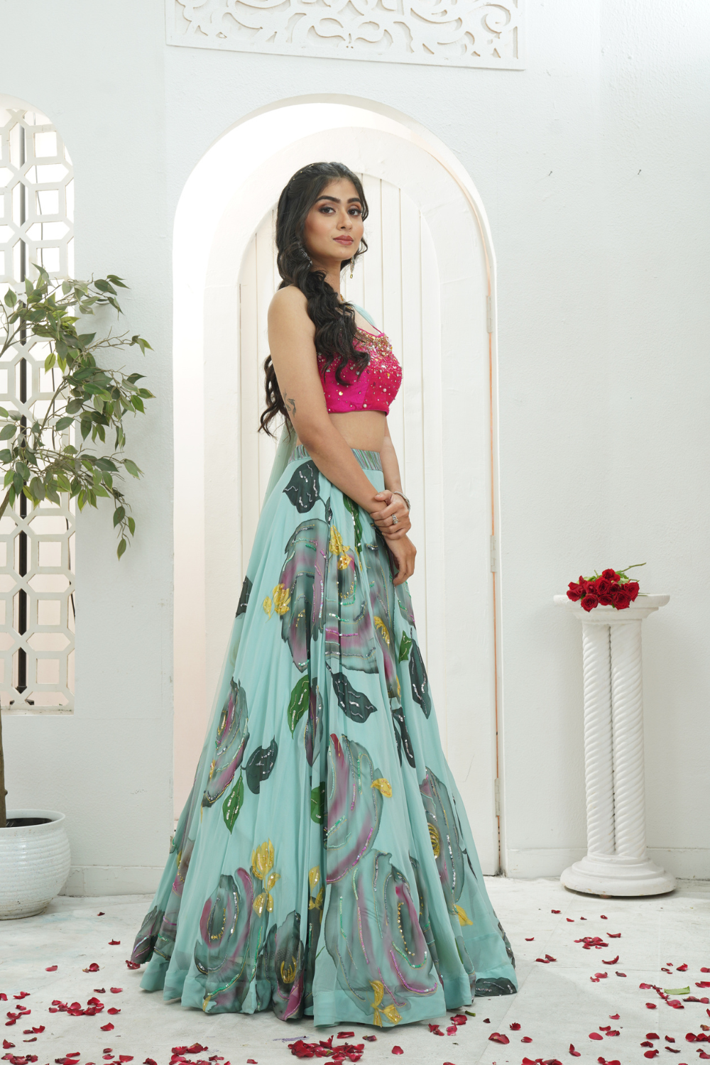 Dusty Blue hand painted lehenga with Pink embroidered bustier set
