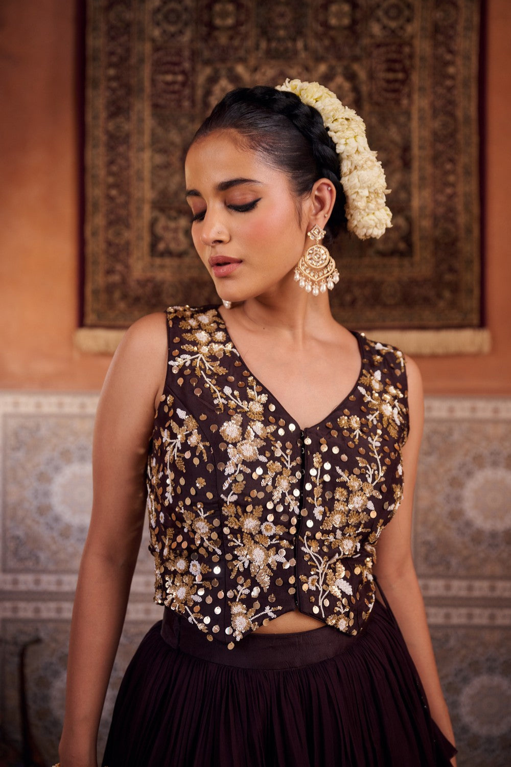 Brown embroidered silk waist coat, lehenga and  dupatta