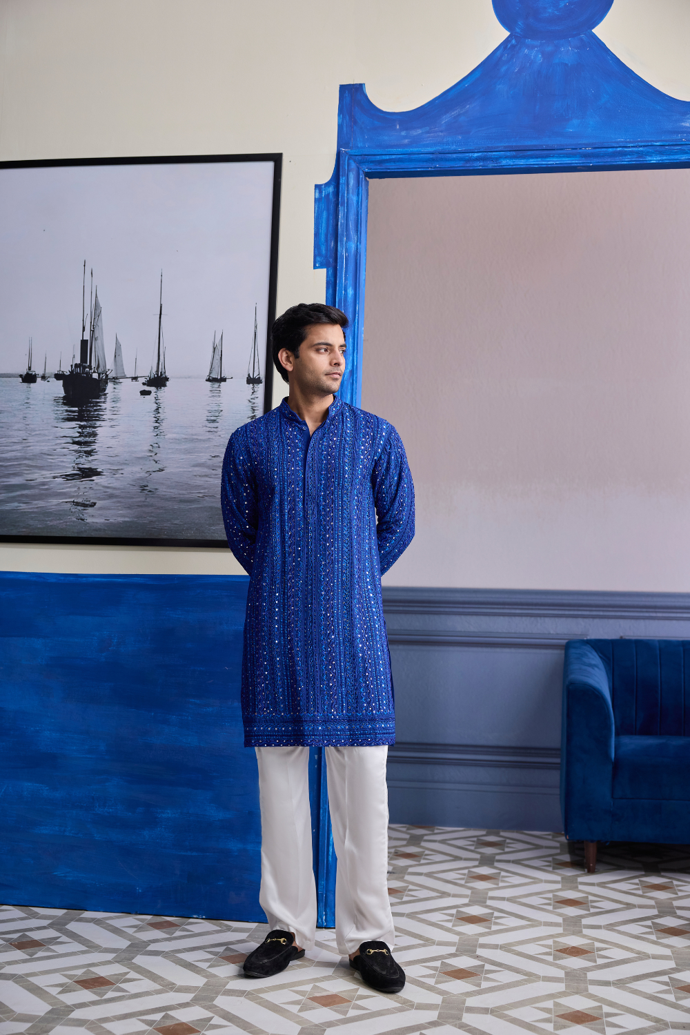 Electric Blue Mirror Embroidery & Thread Work Kurta with Pants