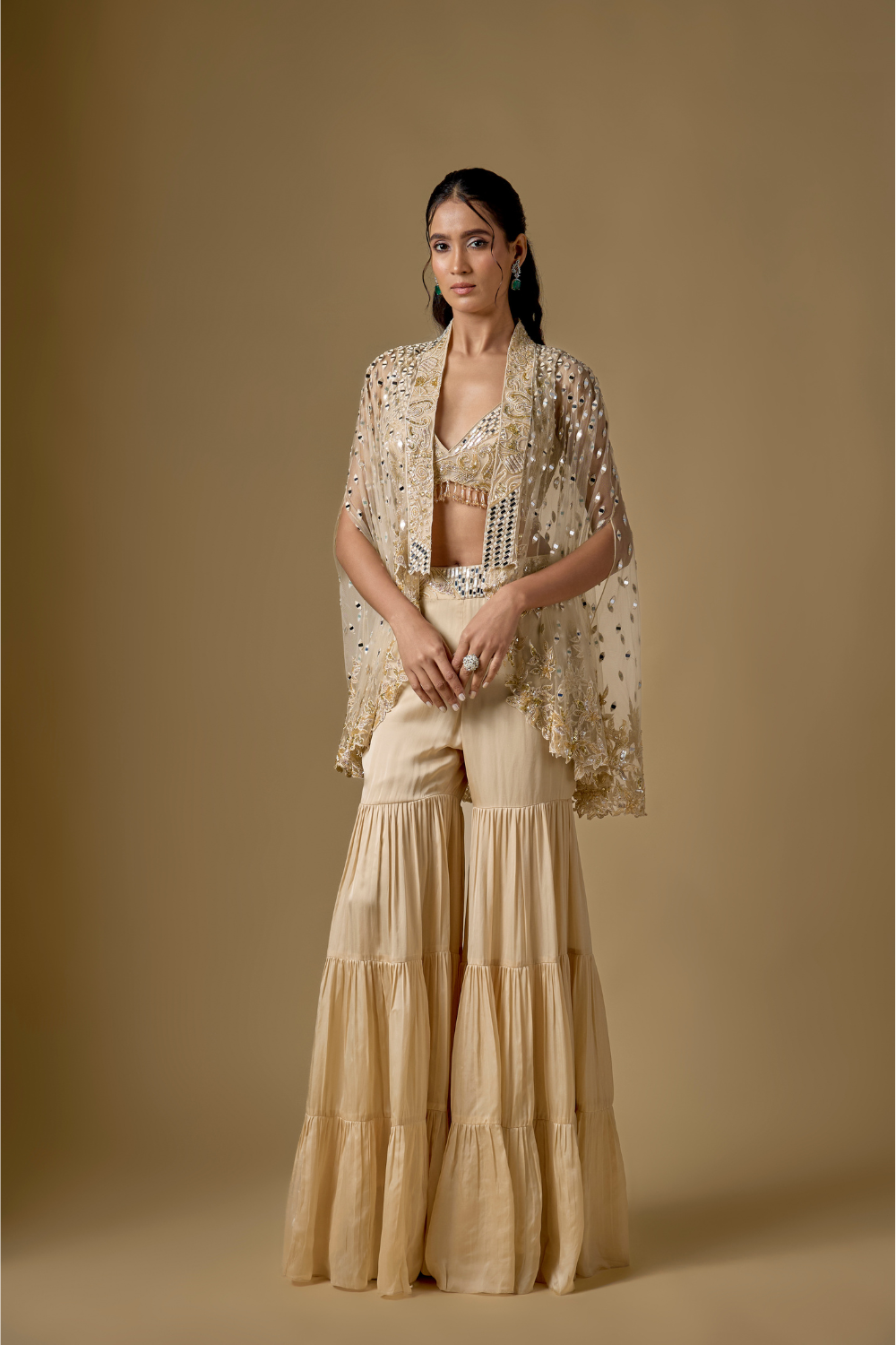 Currenta -Beige Sharara Short Cape Set with Zentangle Blouse