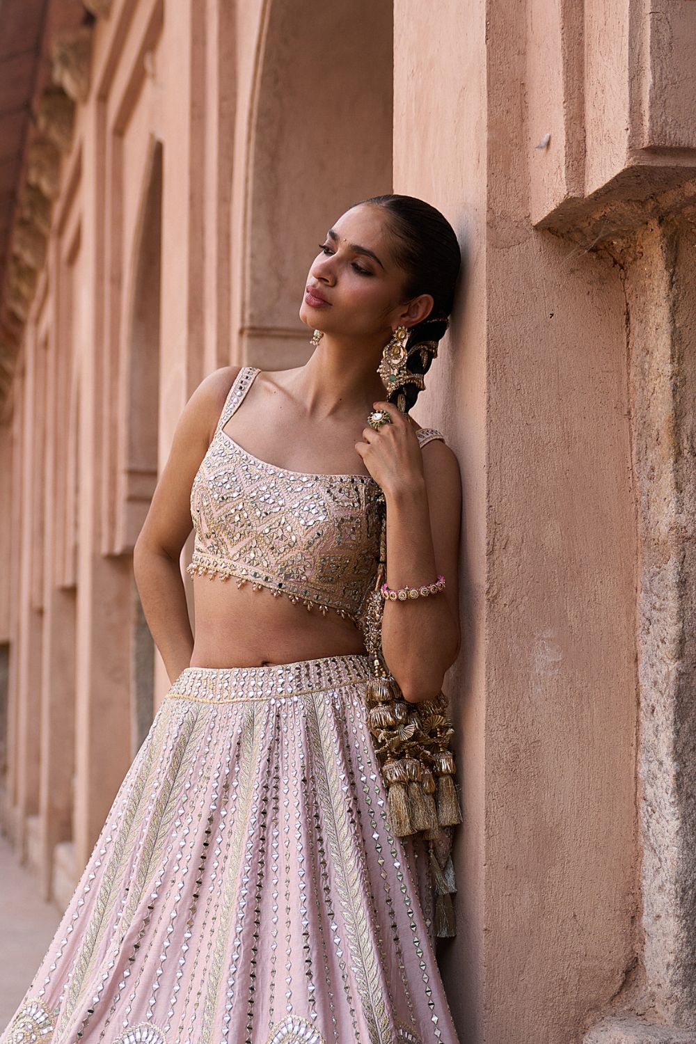 SEHAR — Soft Peach Raw Silk Lehenga Set