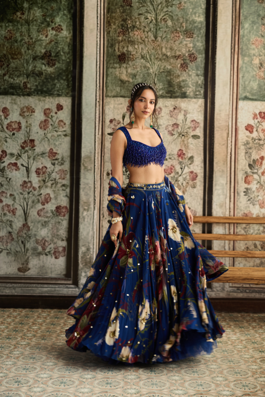 BLUE FLORAL PRINT AND HIGHLIGHTED LEHENGA SET
