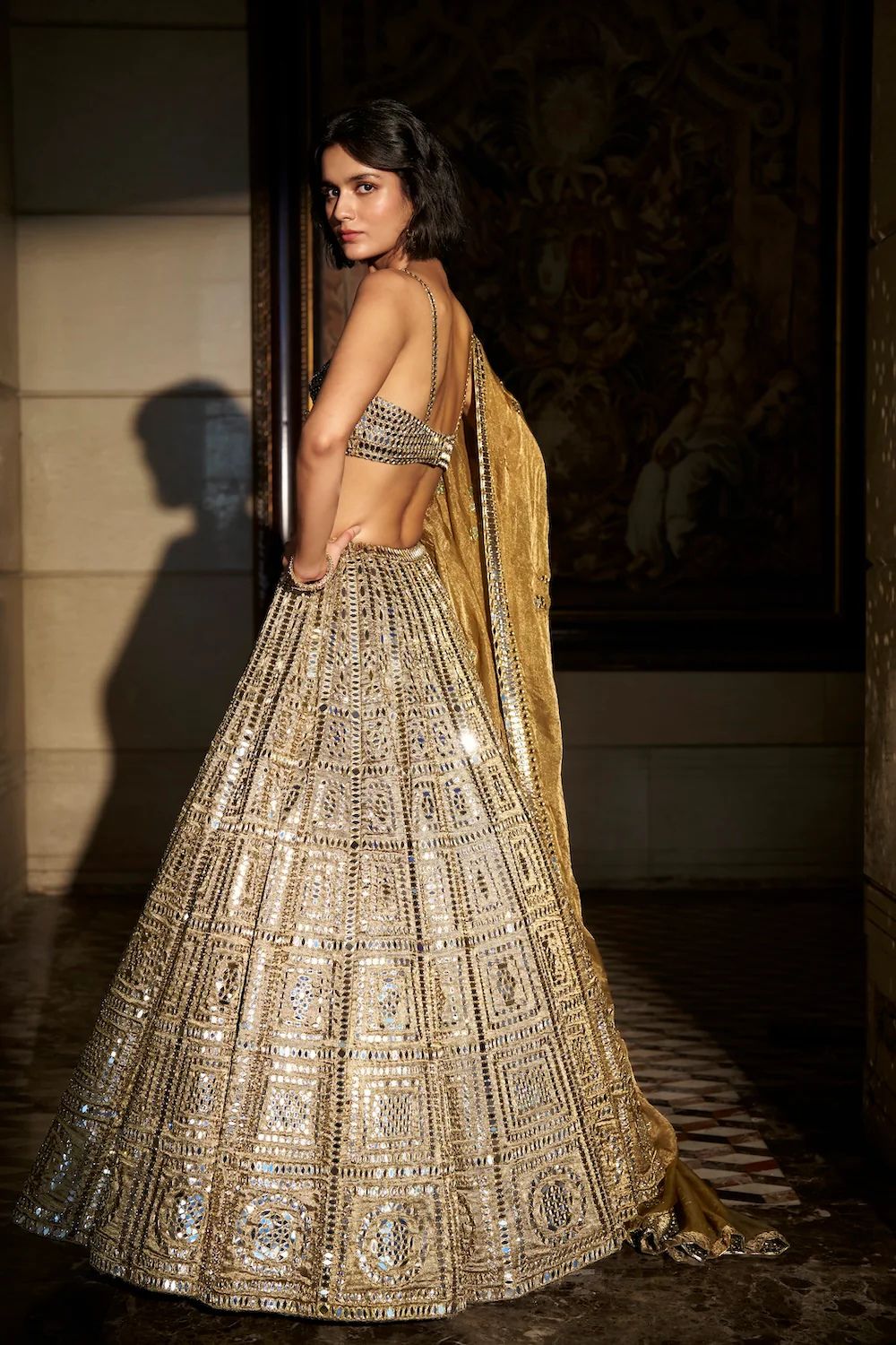 Antique Gold Mirror Work Lehenga Set