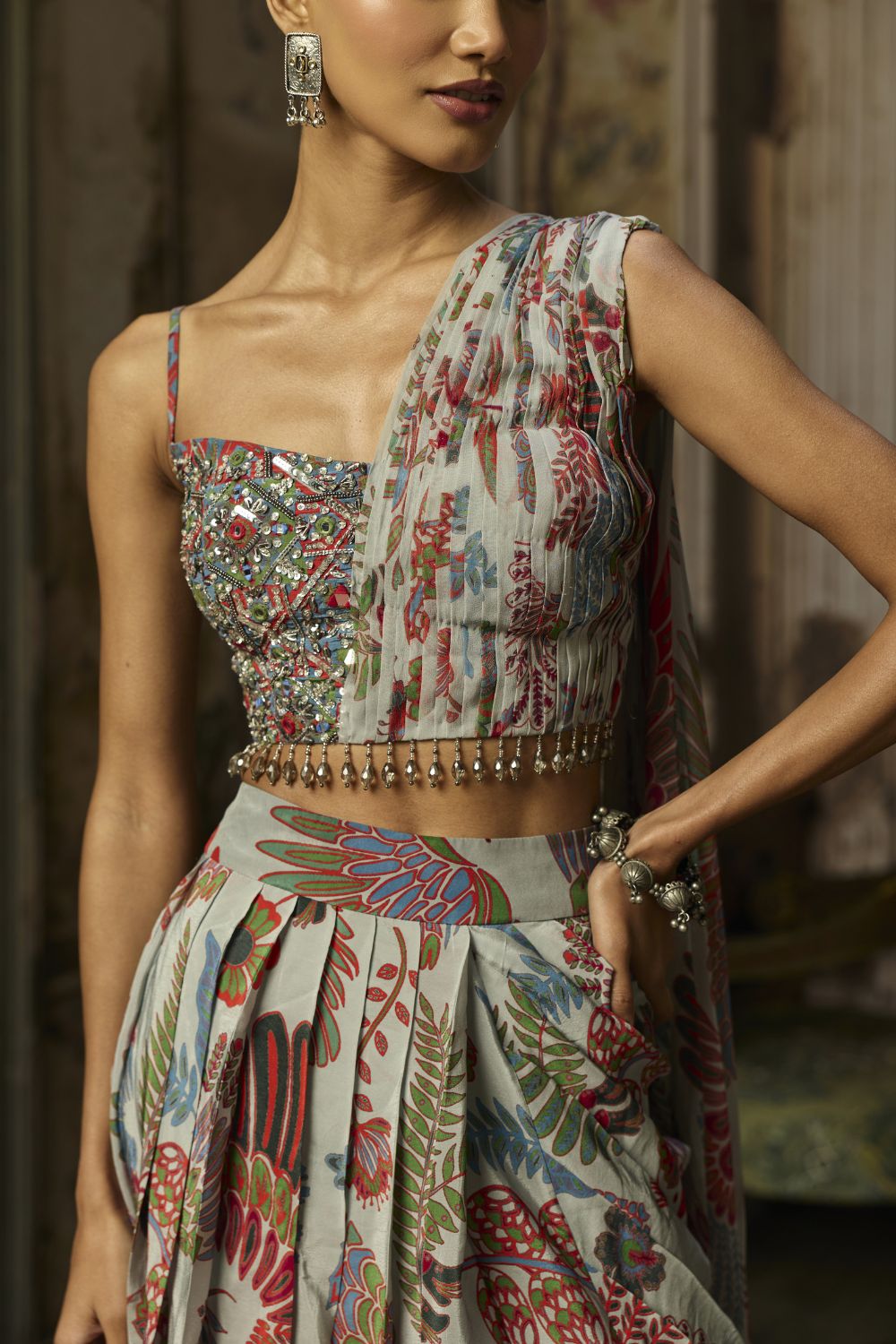 SLATE GREY PRINTED DRAPE ASYMMETRIC CROP TOP AND SKIRT SET