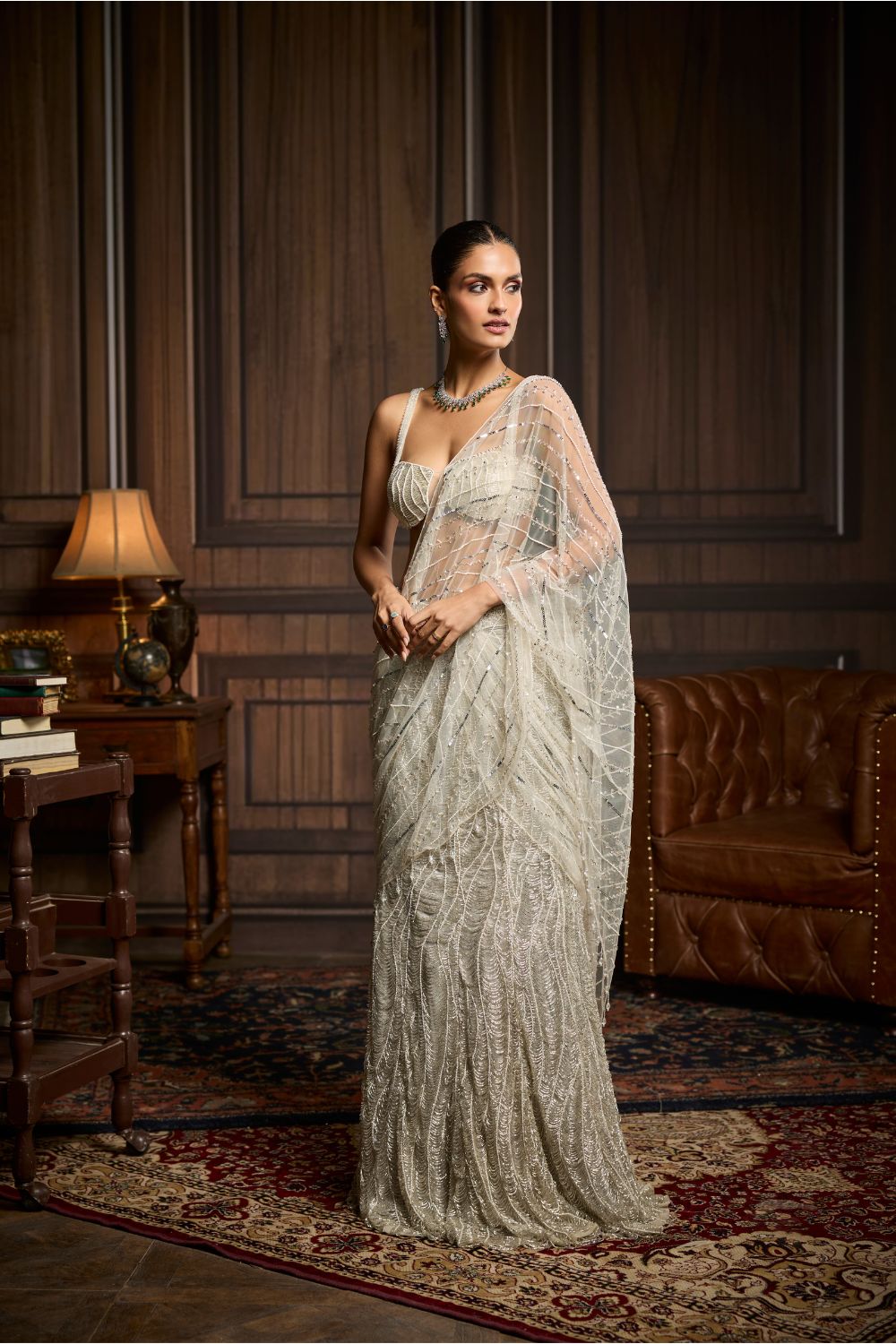 SILVER FULLY EMBELLISHED PRE-DRAPED SKIRT SAREE SET