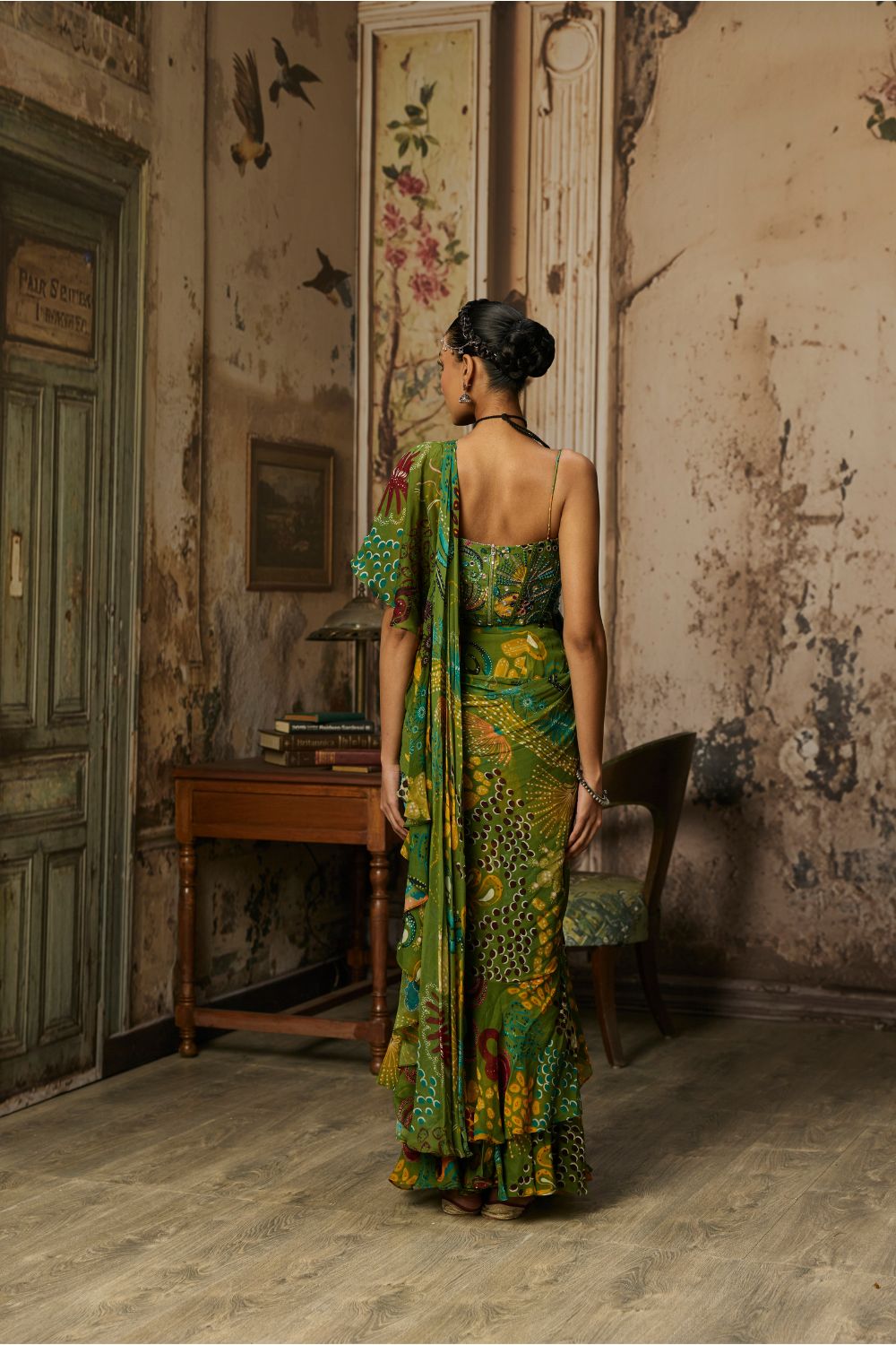 PEAR GREEN PRINTED AND HIGHLIGHTED RUFFLE SKIRT SAREE SET