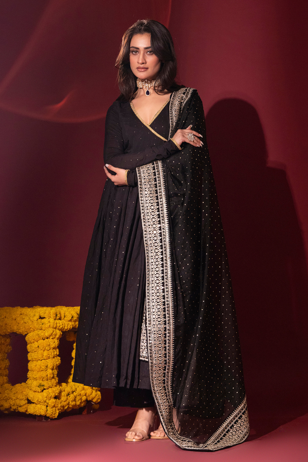 Black Chanderi Anarkali Set