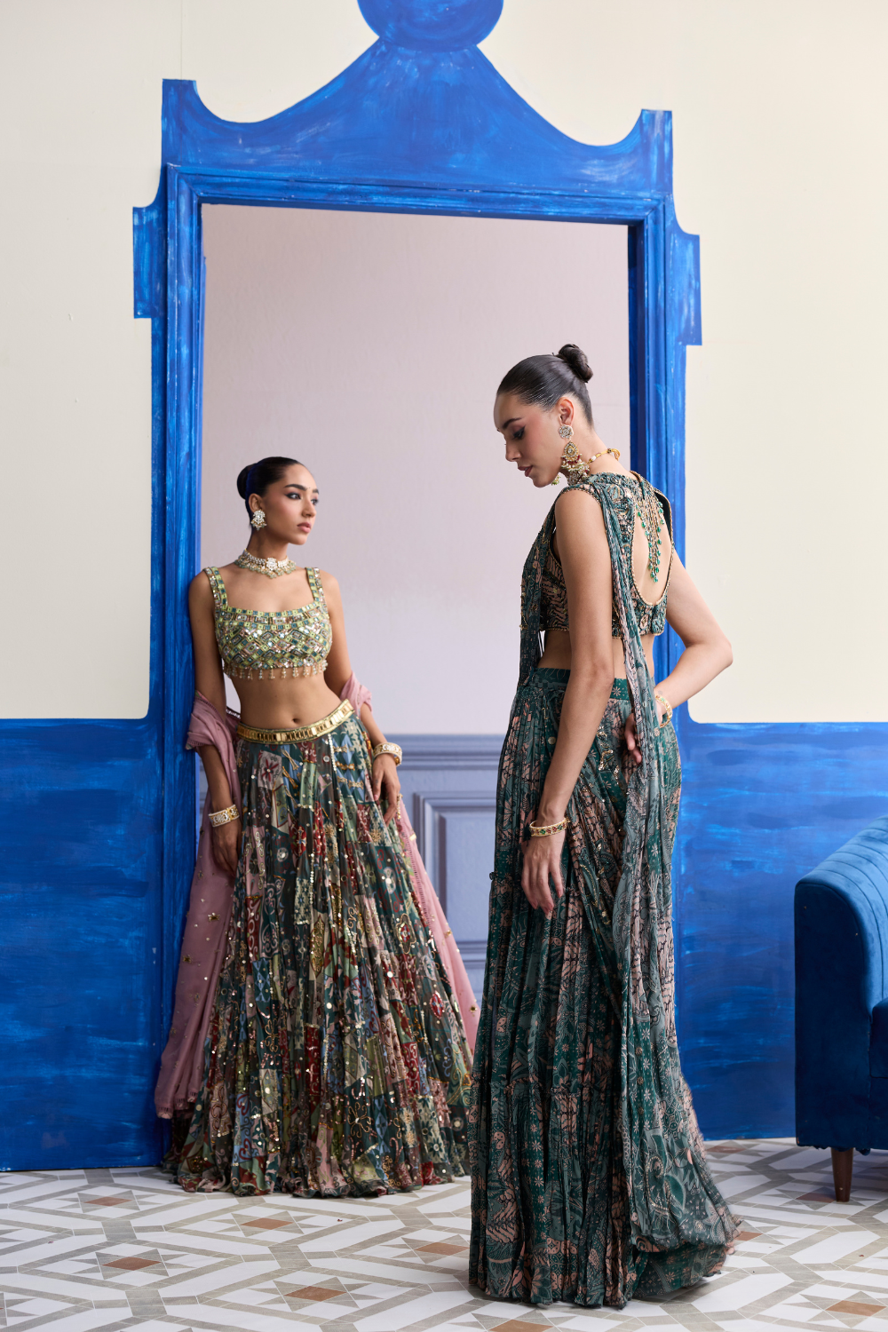 Green Mirror Embroidered Blouse with Forest Green Lehenga & Embroidered Dupatta Set