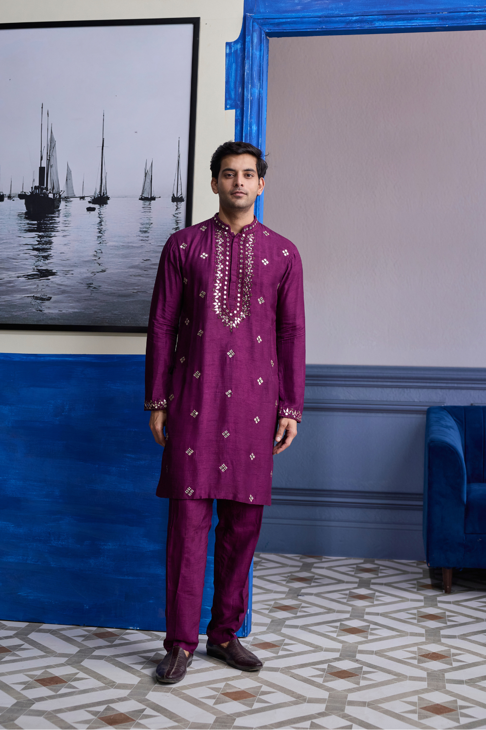 PLUM EMBROIDERED KURTA WITH SOLID PANTS