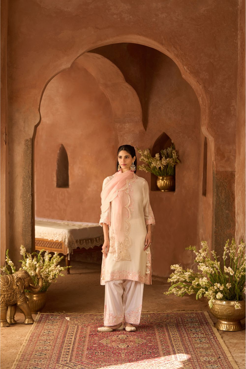HANI - DAISY IVORY WITH PINK A-LINE KURTA WITH SALWAR AND DUPATTA