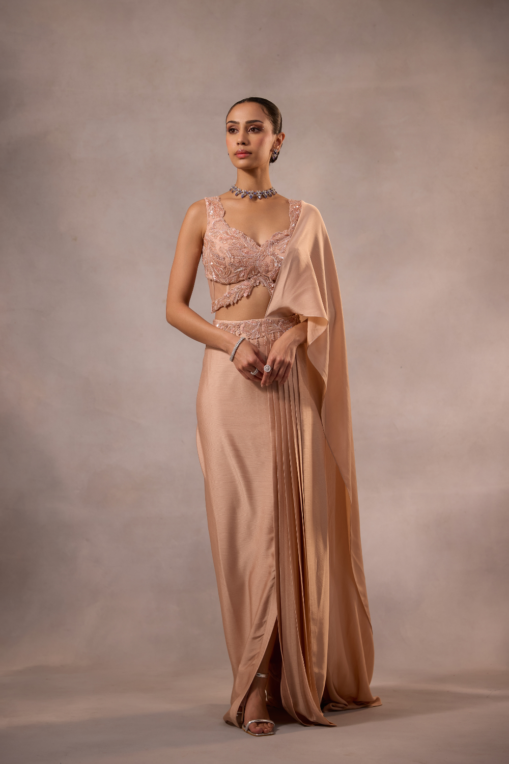 Champagne Pink  Embellished Draped Saree Set with Sculpted Blouse