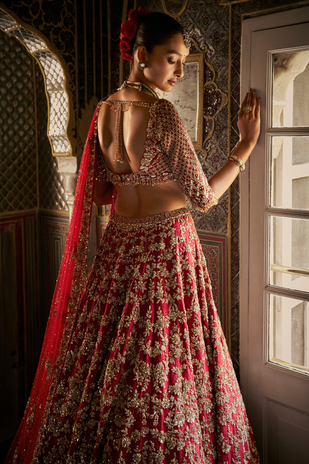 Red Crystal Zardosi Lehenga Set