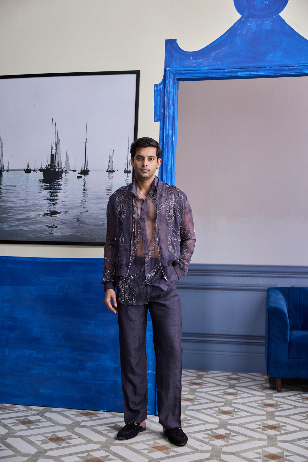 Charcoal Grey Organza Shirt with Embroidered Organza Bomber Jacket Paired with Solid Pants