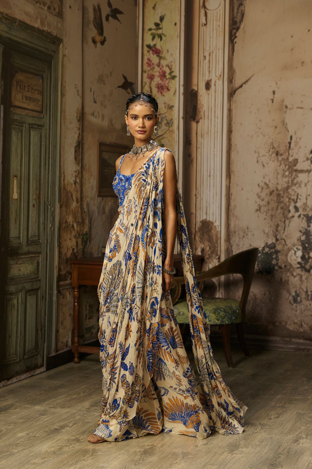 IVORY PRINTED AND HIGHLIGHTED SHARARA PANTS SAREE SET