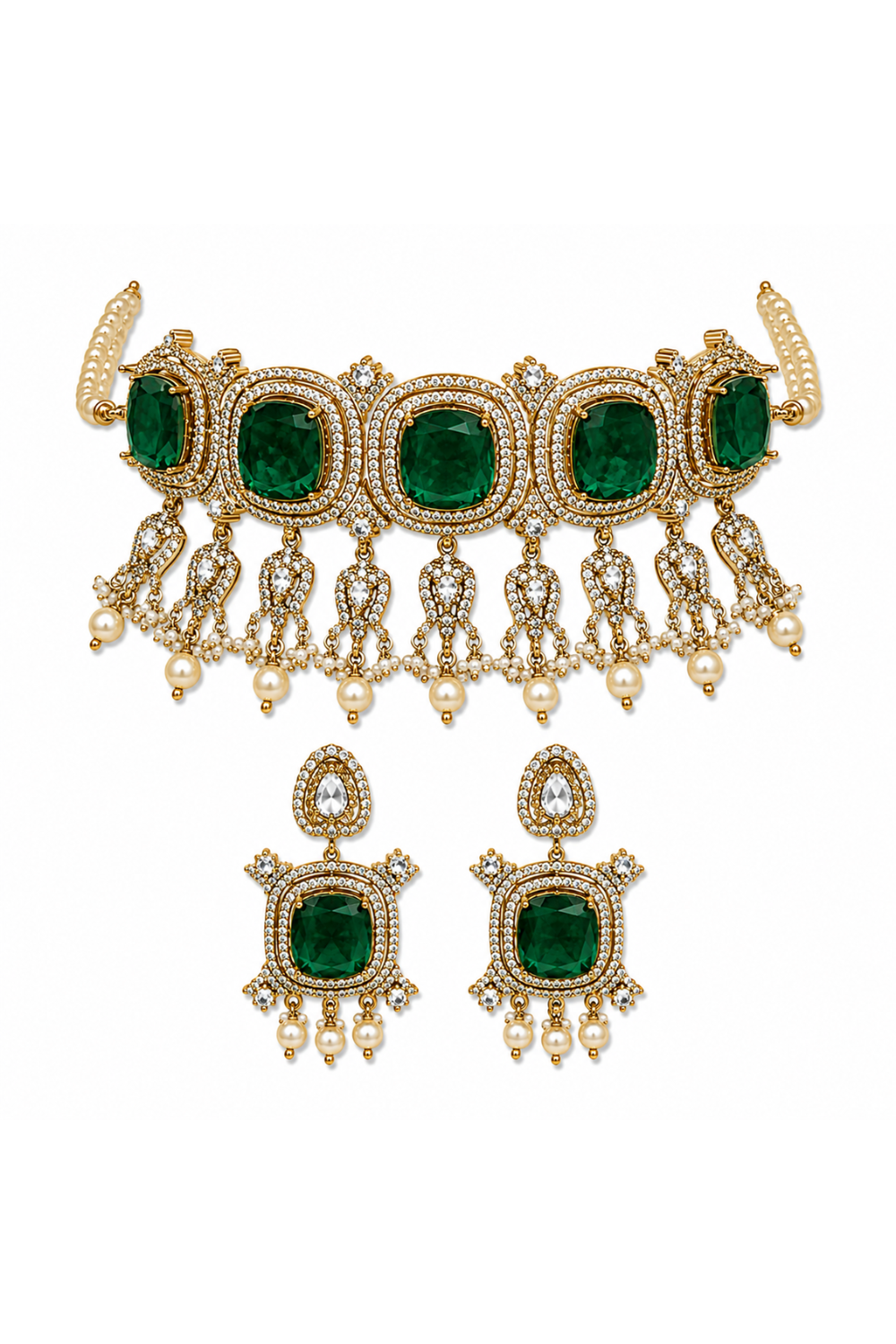 Emerald Green Moissanite Pearl Choker Set