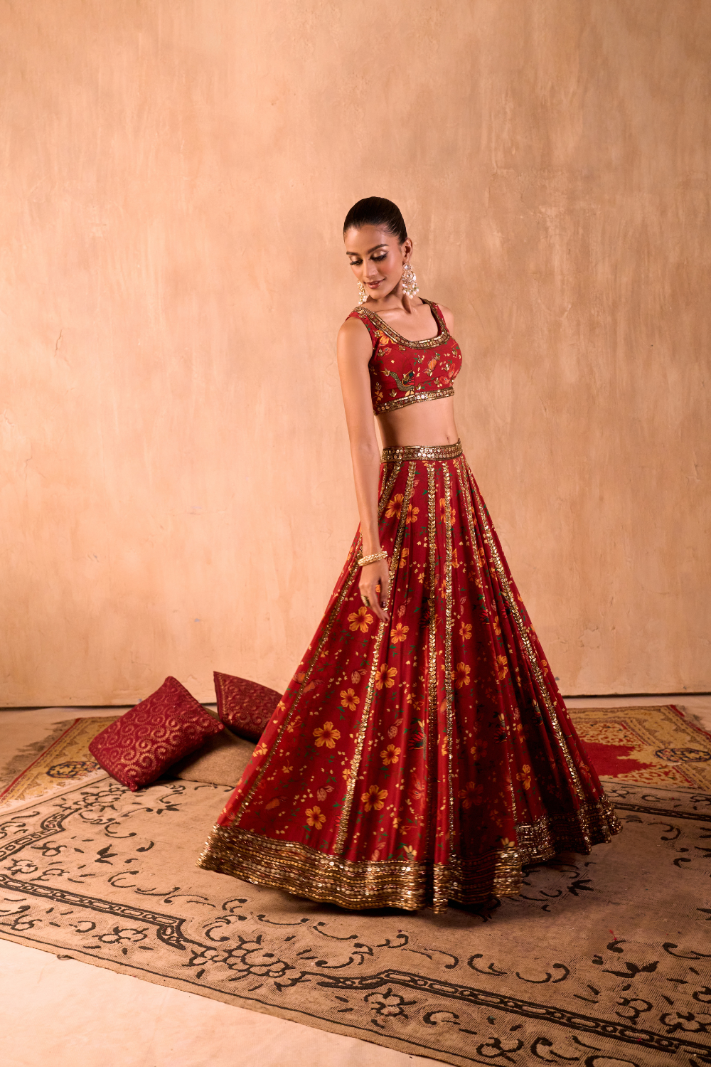 RED PRINT EMBROIDERED CHOLI, LEHENGA AND DUPATTA SET